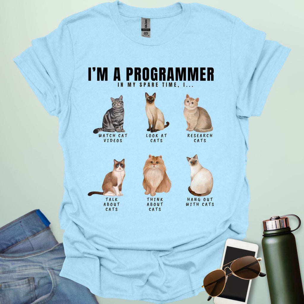 I’m a Programmer: In my spare time I… t-shirt featuring a coding cat graphic, funny programmer cat shirt for software developers and geeks.