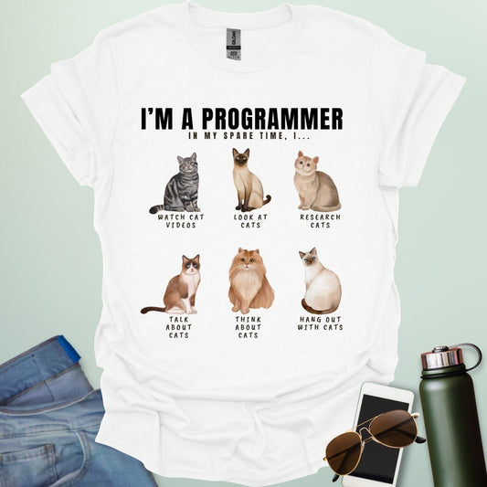 I’m a Programmer: In my spare time I… t-shirt featuring a coding cat graphic, funny programmer cat shirt for software developers and geeks.