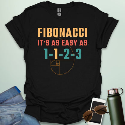 Fibonacci It's As Easy As 1-1-2-3' t-shirt with the Fibonacci spiral graphic.