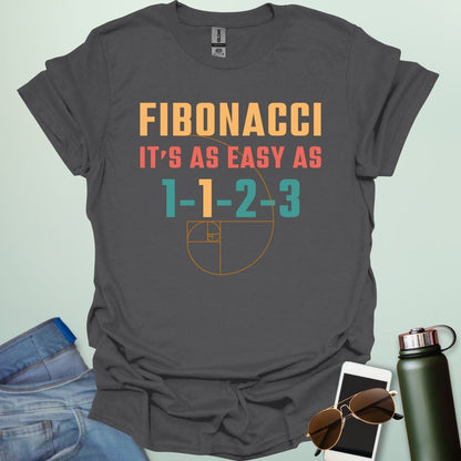 Fibonacci It's As Easy As 1-1-2-3' t-shirt with the Fibonacci spiral graphic.