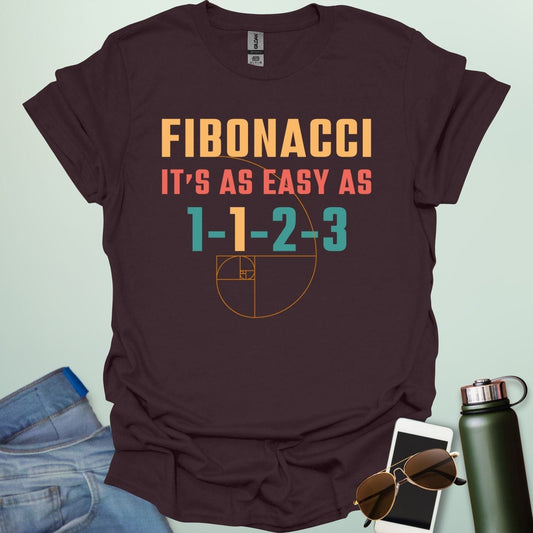 Fibonacci It's As Easy As 1-1-2-3' t-shirt with the Fibonacci spiral graphic.