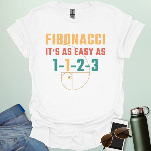 Fibonacci It's As Easy As 1-1-2-3' t-shirt with the Fibonacci spiral graphic.