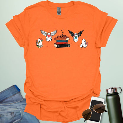 Literate Ghosts t-shirt featuring ghostly characters with books — a funny Halloween design for readers and teachers.