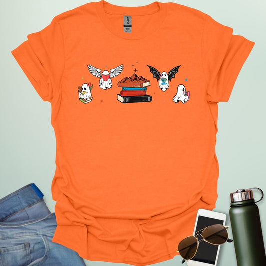 Literate Ghosts t-shirt featuring ghostly characters with books — a funny Halloween design for readers and teachers.