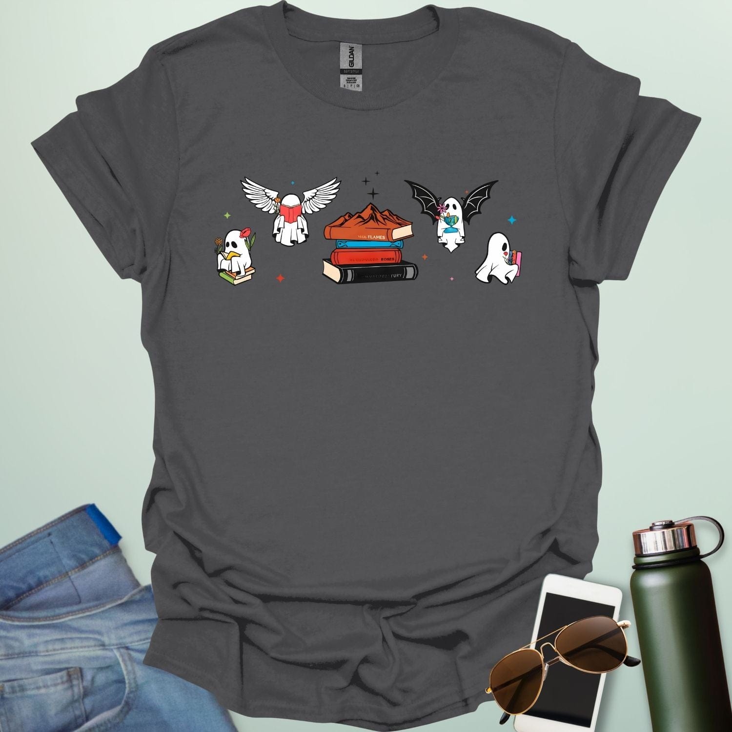 Literate Ghosts t-shirt featuring ghostly characters with books — a funny Halloween design for readers and teachers.