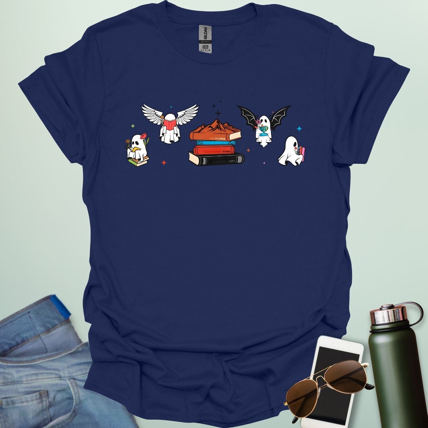Literate Ghosts t-shirt featuring ghostly characters with books — a funny Halloween design for readers and teachers.