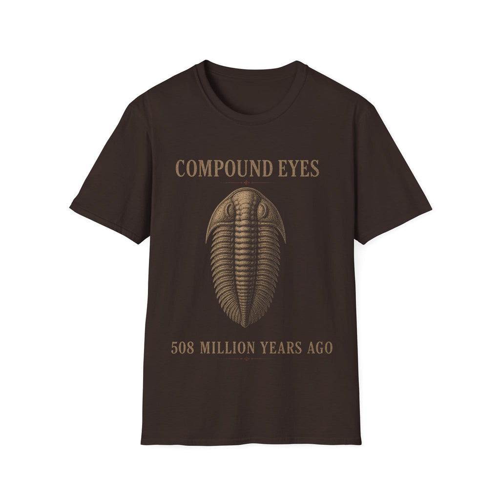 Vintage stipple engraving illustration of a trilobite specimen centered between serif text reading 'COMPOUND EYES' and '508 MILLION YEARS AGO'.