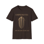 Vintage stipple engraving illustration of a trilobite specimen centered between serif text reading 'COMPOUND EYES' and '508 MILLION YEARS AGO'.