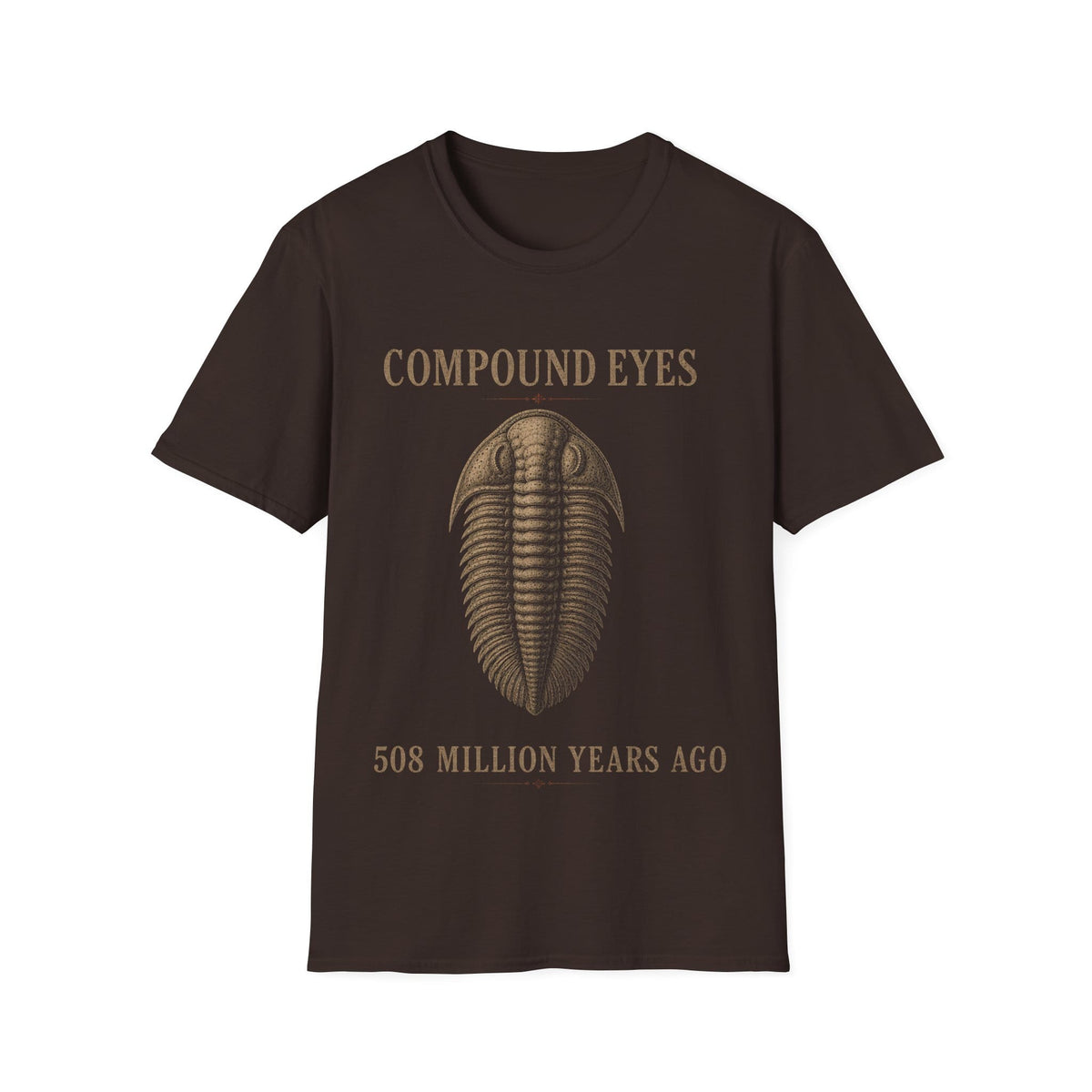 Vintage stipple engraving illustration of a trilobite specimen centered between serif text reading 'COMPOUND EYES' and '508 MILLION YEARS AGO'.