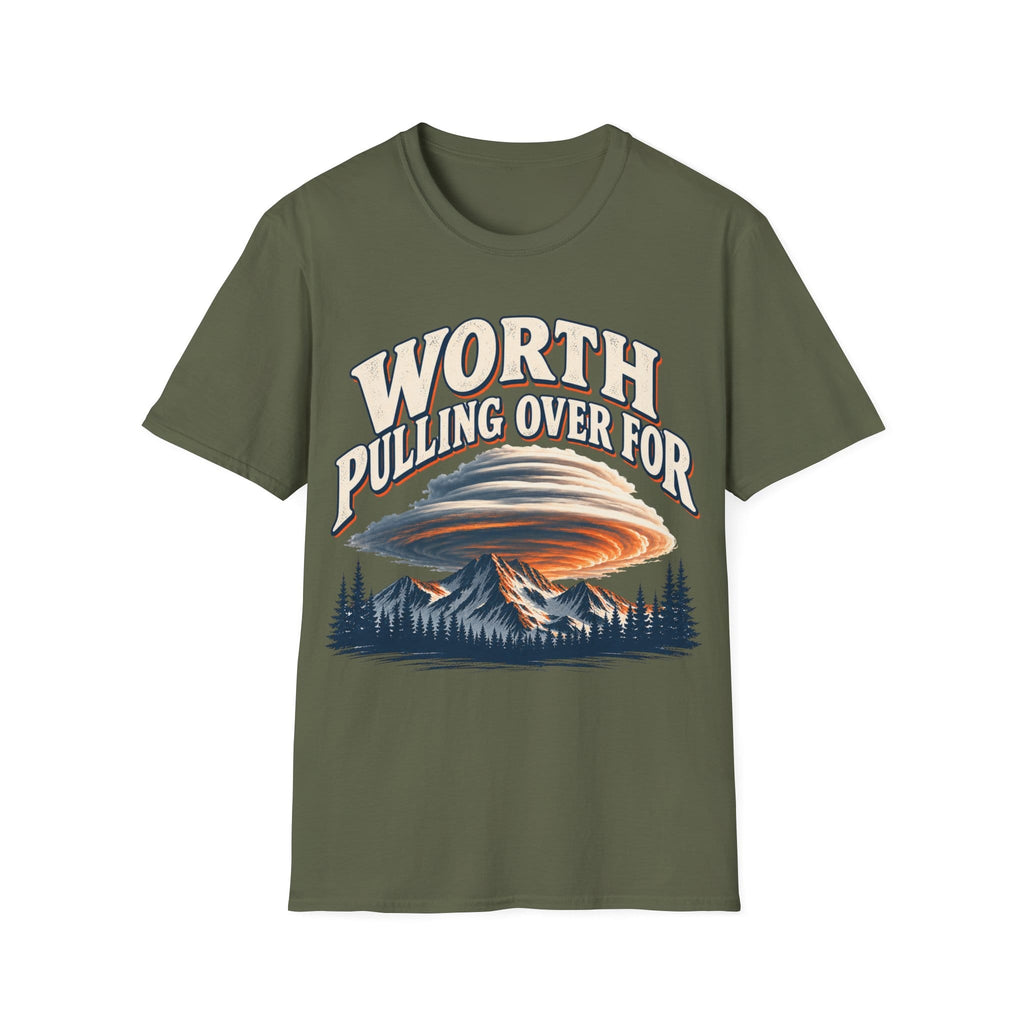 Vintage-style graphic design featuring arched text reading 'WORTH PULLING OVER FOR' above a massive lenticular cloud formation hovering over mountain peaks and pine trees.