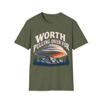 Vintage-style graphic design featuring arched text reading 'WORTH PULLING OVER FOR' above a massive lenticular cloud formation hovering over mountain peaks and pine trees.