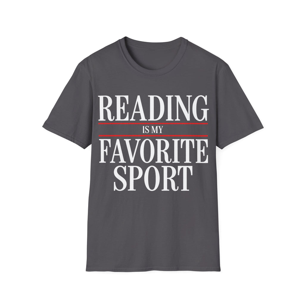 Bold graphic typography reading 'READING IS MY FAVORITE SPORT' framed by red horizontal rule lines.