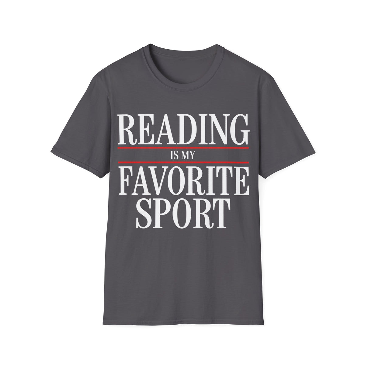 Bold graphic typography reading 'READING IS MY FAVORITE SPORT' framed by red horizontal rule lines.