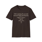 Minimalist serif text reading 'Still counting the seconds between flash and thunder.' positioned above a line art illustration of a storm cloud with a lightning bolt.