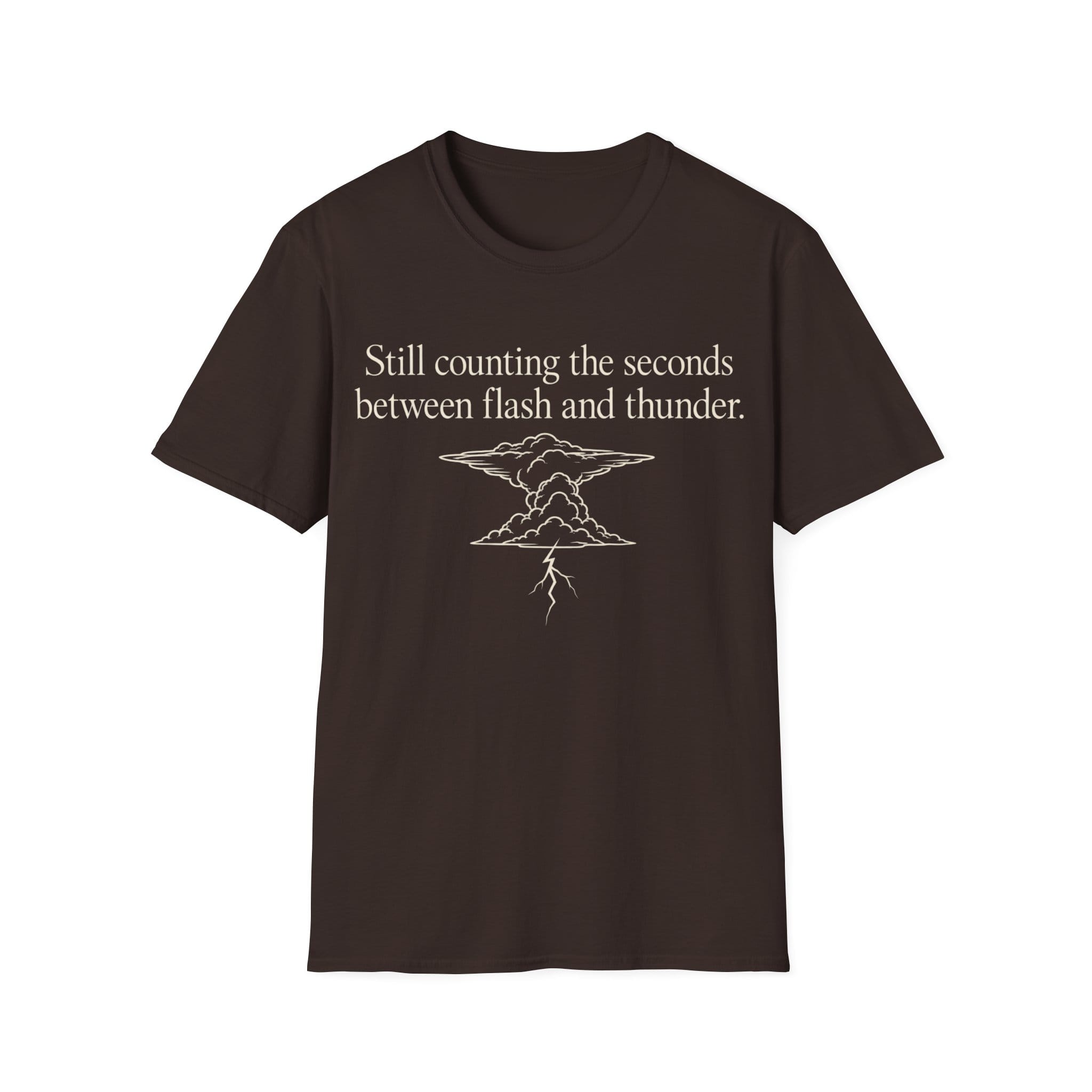 Minimalist serif text reading 'Still counting the seconds between flash and thunder.' positioned above a line art illustration of a storm cloud with a lightning bolt.