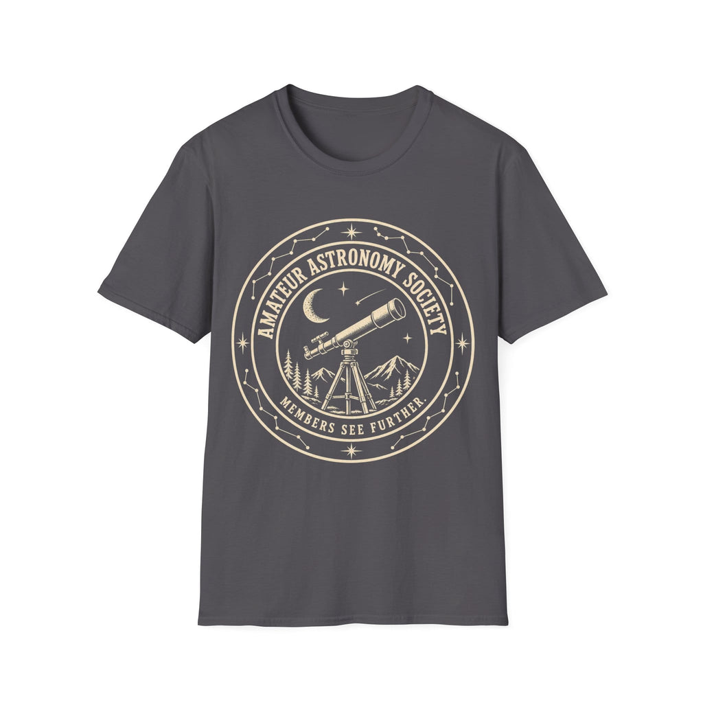 Vintage circular emblem featuring a telescope pointed toward the night sky surrounded by mountains, stars, and constellations, with text reading 'AMATEUR ASTRONOMY SOCIETY - MEMBERS SEE FURTHER.'