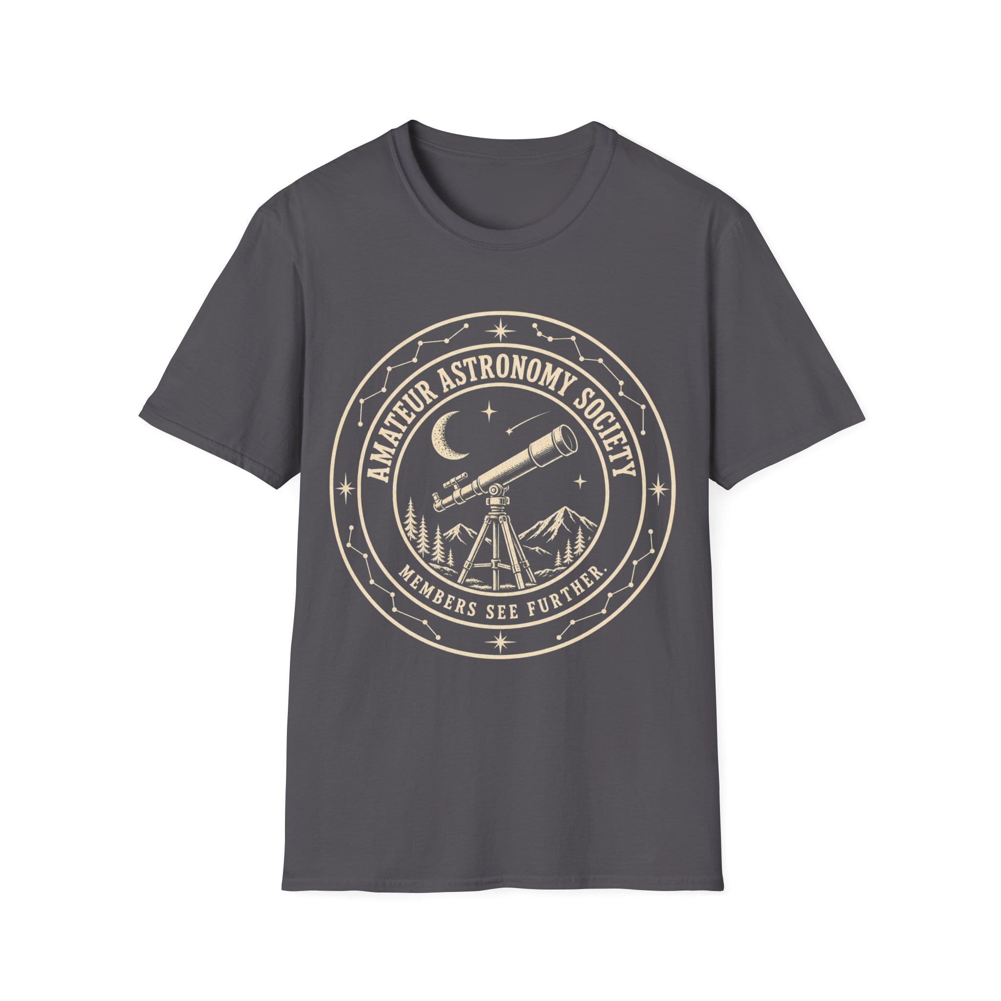 Vintage circular emblem featuring a telescope pointed toward the night sky surrounded by mountains, stars, and constellations, with text reading 'AMATEUR ASTRONOMY SOCIETY - MEMBERS SEE FURTHER.'