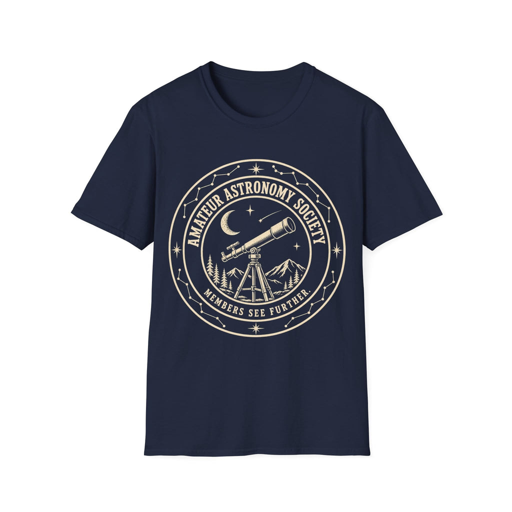 Vintage circular emblem featuring a telescope pointed toward the night sky surrounded by mountains, stars, and constellations, with text reading 'AMATEUR ASTRONOMY SOCIETY - MEMBERS SEE FURTHER.'