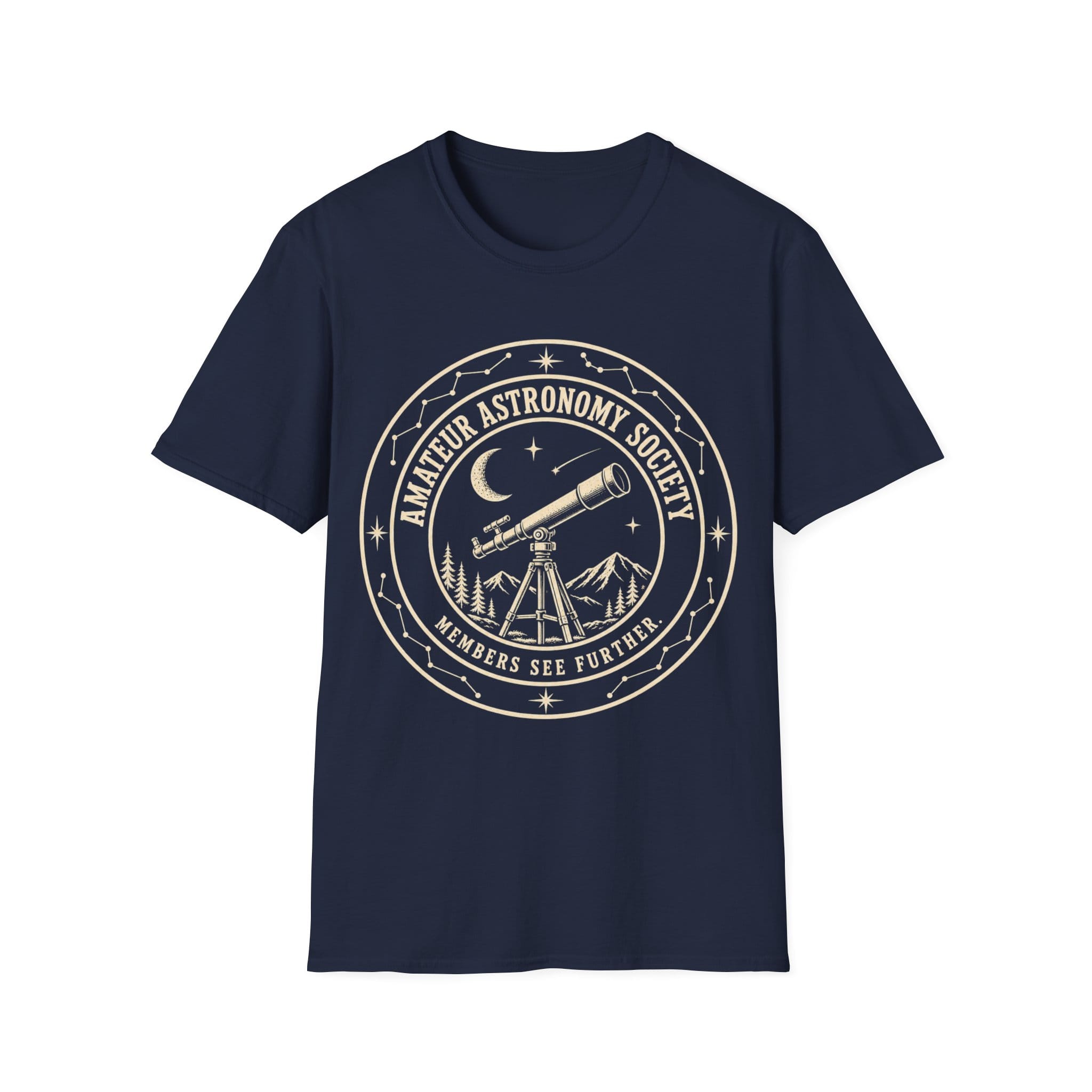Vintage circular emblem featuring a telescope pointed toward the night sky surrounded by mountains, stars, and constellations, with text reading 'AMATEUR ASTRONOMY SOCIETY - MEMBERS SEE FURTHER.'