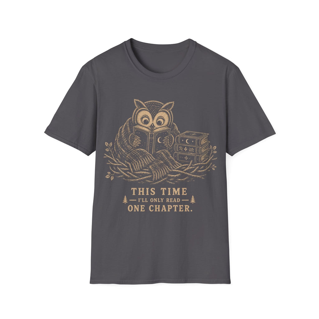 Vintage woodcut illustration of an owl wrapped in a scarf reading a book in a nest beside a stack of celestial books, with text reading 'THIS TIME I'LL ONLY READ ONE CHAPTER.'