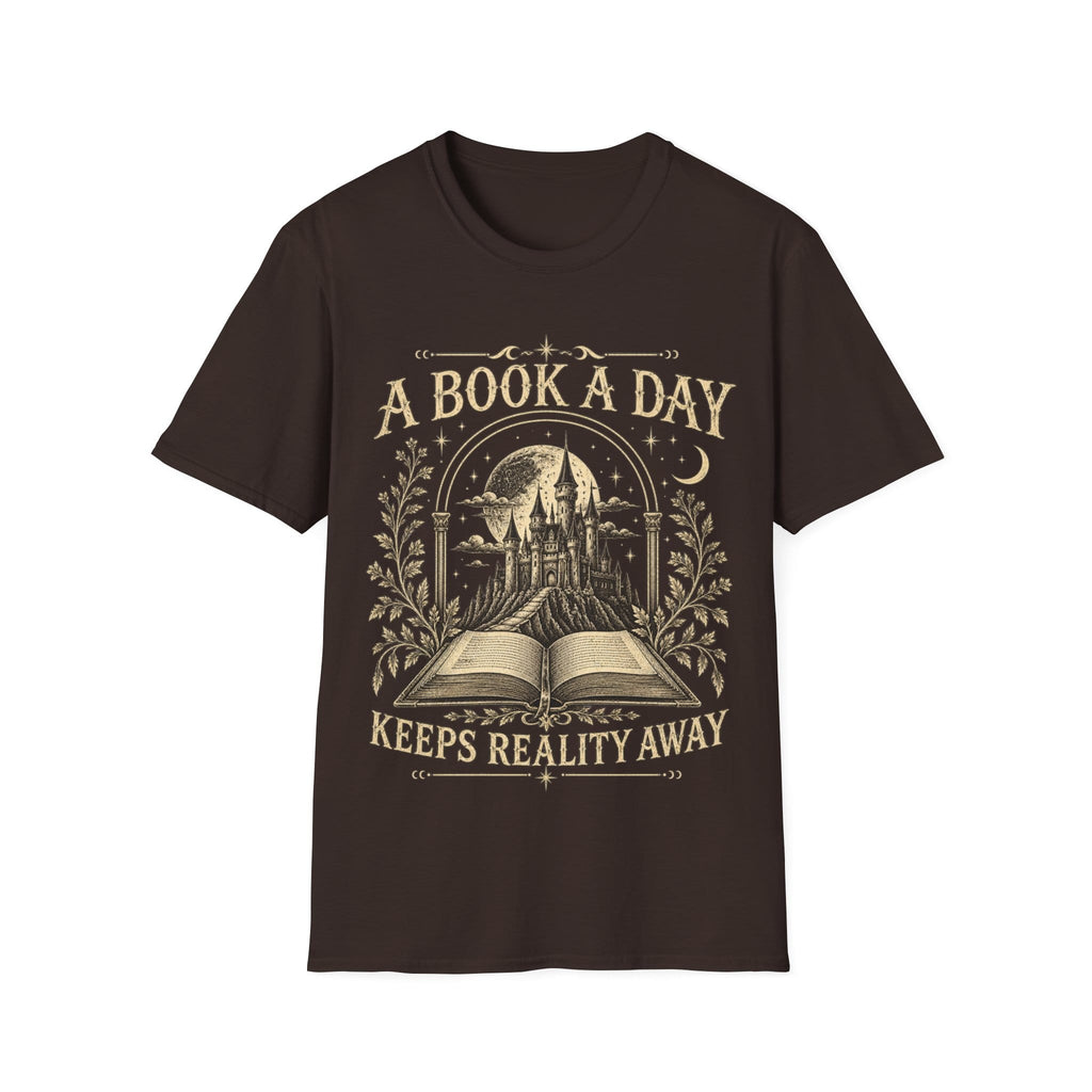Vintage woodcut-style illustration of an open book revealing a glowing fantasy castle under a starry moonlit sky, framed by 'A BOOK A DAY KEEPS REALITY AWAY'.