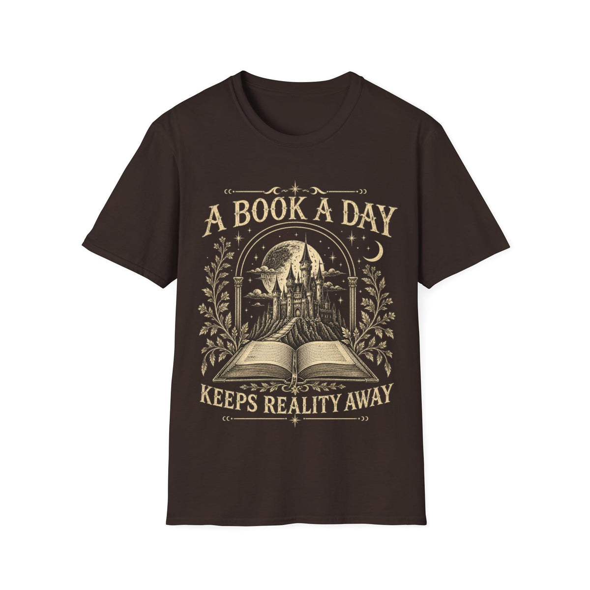 Vintage woodcut-style illustration of an open book revealing a glowing fantasy castle under a starry moonlit sky, framed by 'A BOOK A DAY KEEPS REALITY AWAY'.