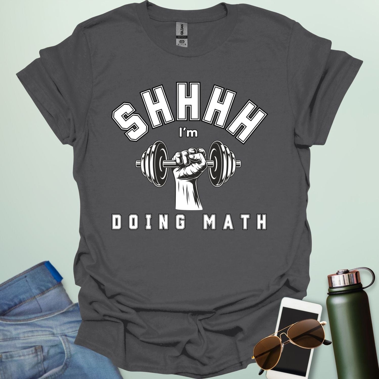 Shhhh… I’m Doing Math t-shirt featuring a retro-style weight plate graphic (45, 15, 20) with distressed text—funny gym-math mashup for fitness and math fans.