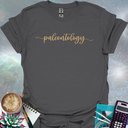 The word 'paleontology' in a flowing, script font on a dark green background.