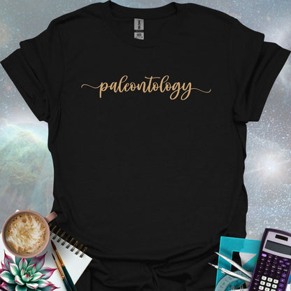 The word 'paleontology' in a flowing, script font on a dark green background.