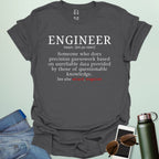 Engineer' t-shirt with a humorous dictionary-style definition and 'See also wizard, magician' in red.
