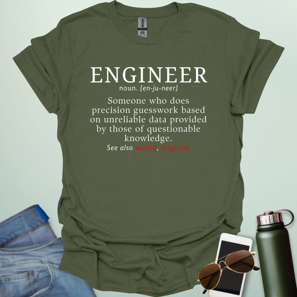Engineer' t-shirt with a humorous dictionary-style definition and 'See also wizard, magician' in red.