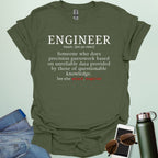 Engineer' t-shirt with a humorous dictionary-style definition and 'See also wizard, magician' in red.