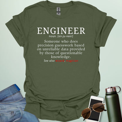 Engineer' t-shirt with a humorous dictionary-style definition and 'See also wizard, magician' in red.