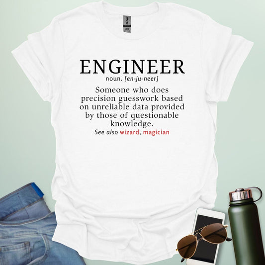 Engineer' t-shirt with a humorous dictionary-style definition and 'See also wizard, magician' in red.