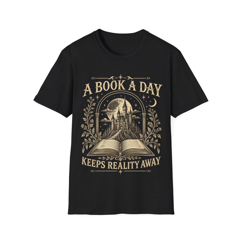 Vintage woodcut-style illustration of an open book revealing a glowing fantasy castle under a starry moonlit sky, framed by 'A BOOK A DAY KEEPS REALITY AWAY'.