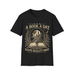 Vintage woodcut-style illustration of an open book revealing a glowing fantasy castle under a starry moonlit sky, framed by 'A BOOK A DAY KEEPS REALITY AWAY'.