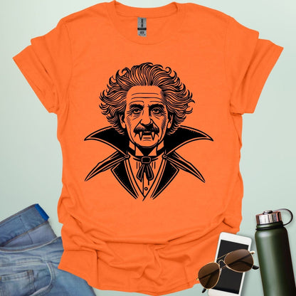 Einstein Vampire t-shirt featuring Albert Einstein as a vampire — a spooky, funny Halloween science design for STEM and STEAM fans.