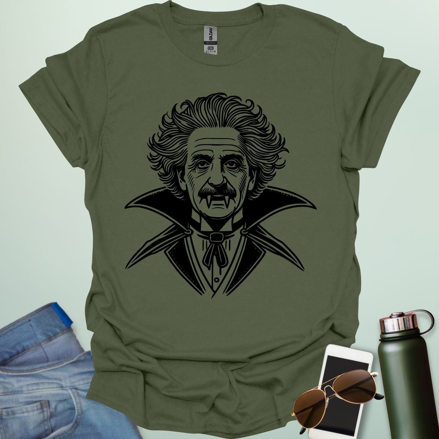 Einstein Vampire t-shirt featuring Albert Einstein as a vampire — a spooky, funny Halloween science design for STEM and STEAM fans.