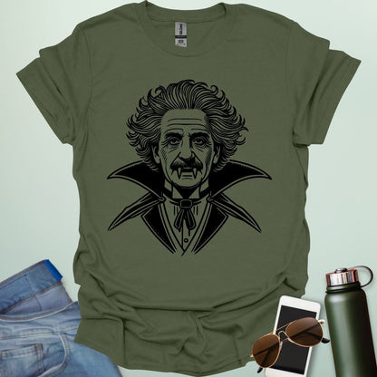 Einstein Vampire t-shirt featuring Albert Einstein as a vampire — a spooky, funny Halloween science design for STEM and STEAM fans.