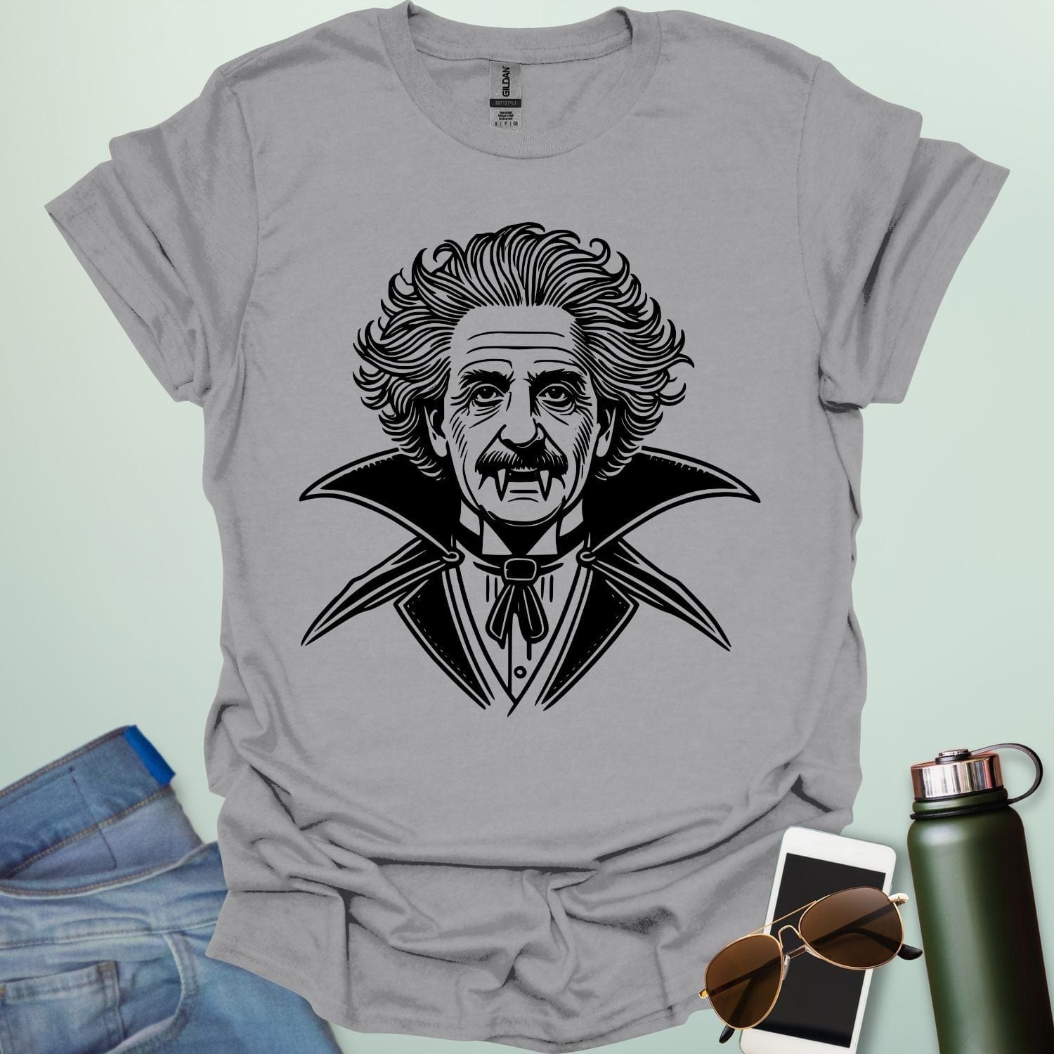 Einstein Vampire t-shirt featuring Albert Einstein as a vampire — a spooky, funny Halloween science design for STEM and STEAM fans.
