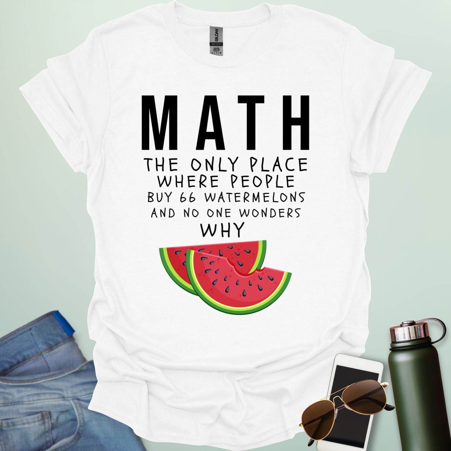 MATH: the only place people buy 66 watermelons and no one wonders why t-shirt featuring text and two watermelon slice graphic—funny math humor tee.